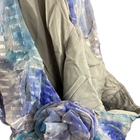 100% Silk Layered Dress S Vintage Long Sleeve Rosette Flowy V-Neck Blue Gray - Picture 9 of 11